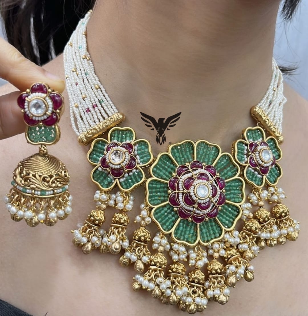 Fulkari Rajwadi style kundan necklace in multicolour with golden jhumkis for wedding, function and grand celebration