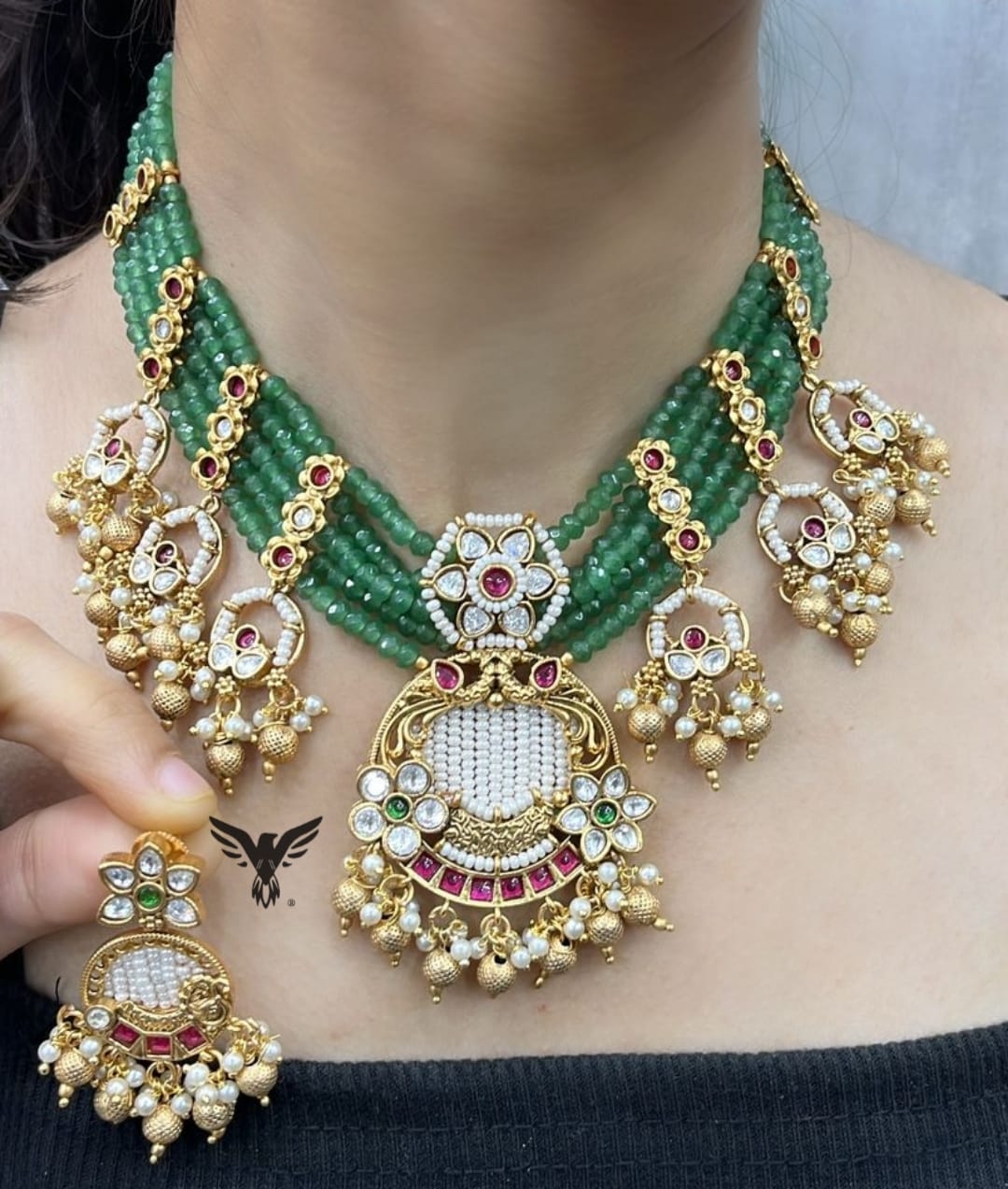 Rajwadi style kundan necklace in multicolour with golden jhumkis for wedding, function and grand celebration