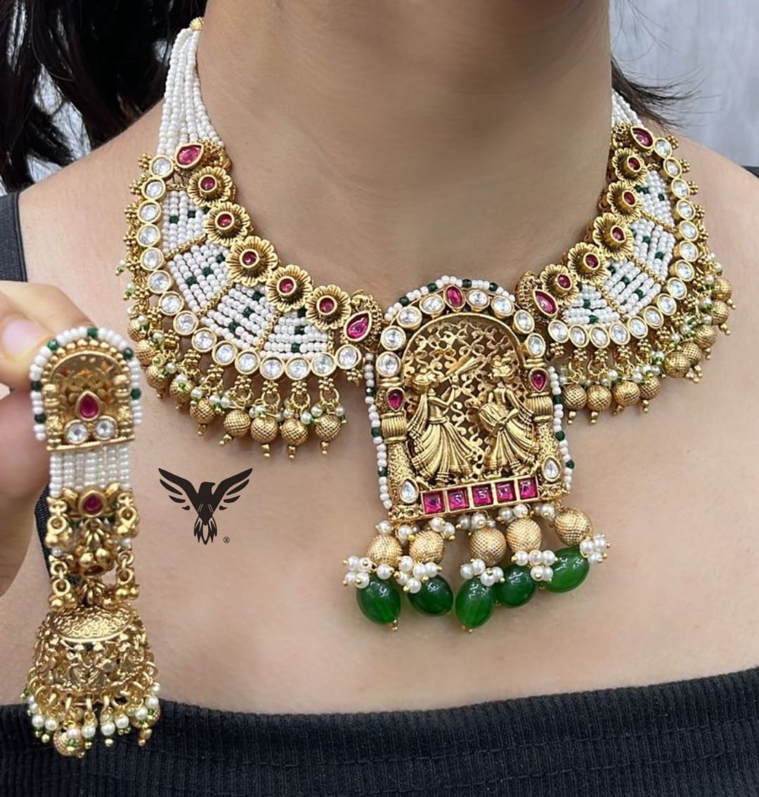 Shehnaai Rajwadi style kundan necklace in multicolour with golden jhumkis for wedding, function and grand celebration