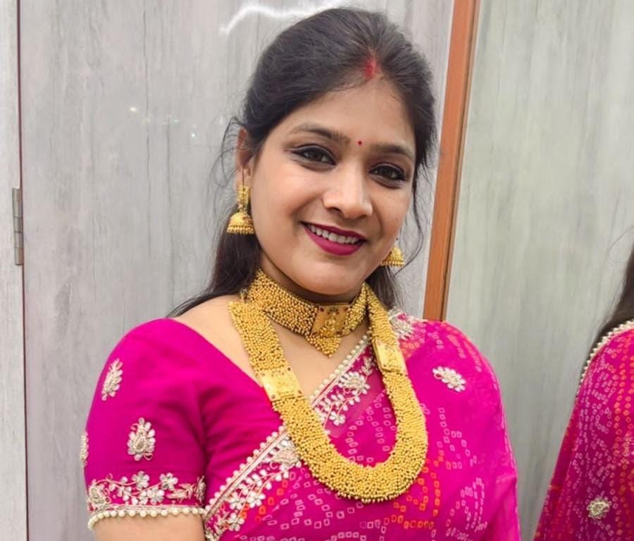 Lakshmi necklace in long short pattern with jhumka earrings in brass matte gold polish, perfect for south indian weddings