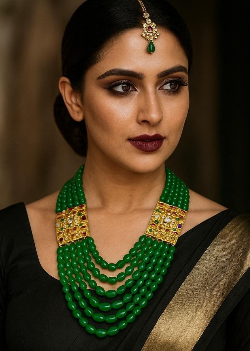 Akshara navratan kundan necklace with earrings in Emerald green natural beads for women in antique gold