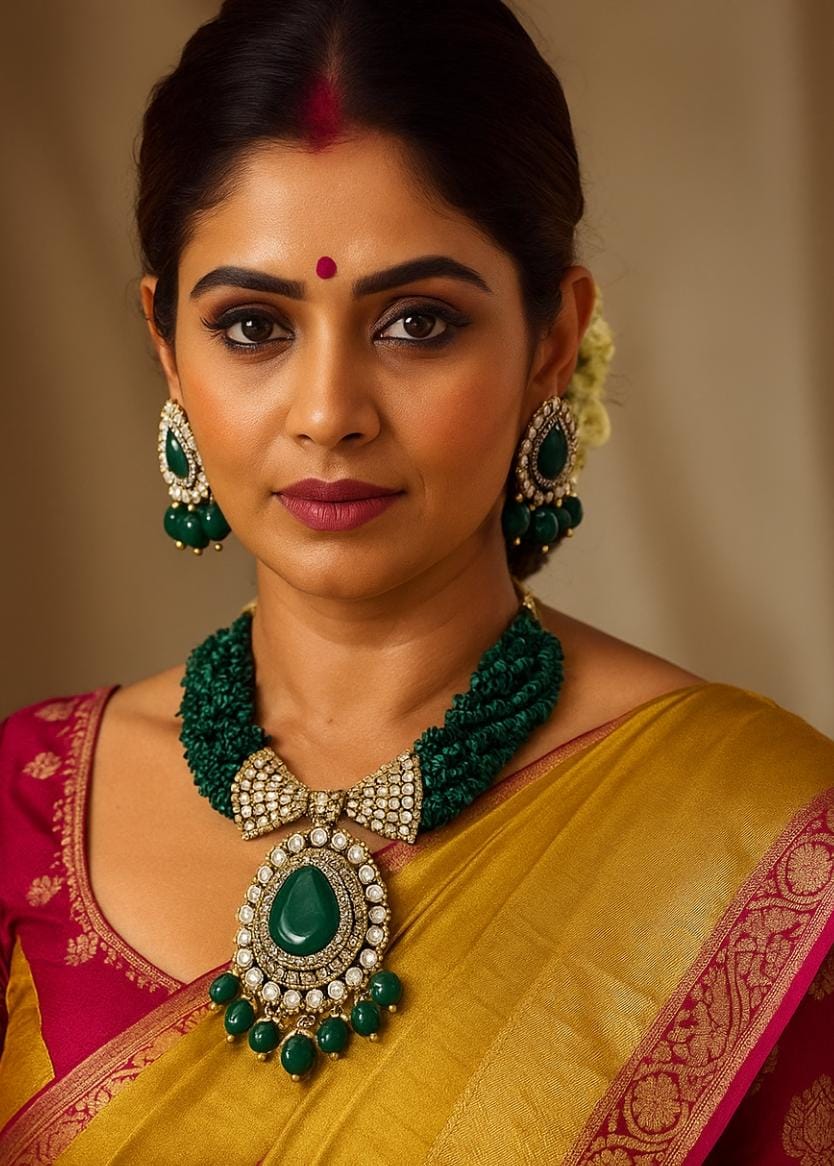 Akshara kundan necklace with earrings in Emerald green for women
