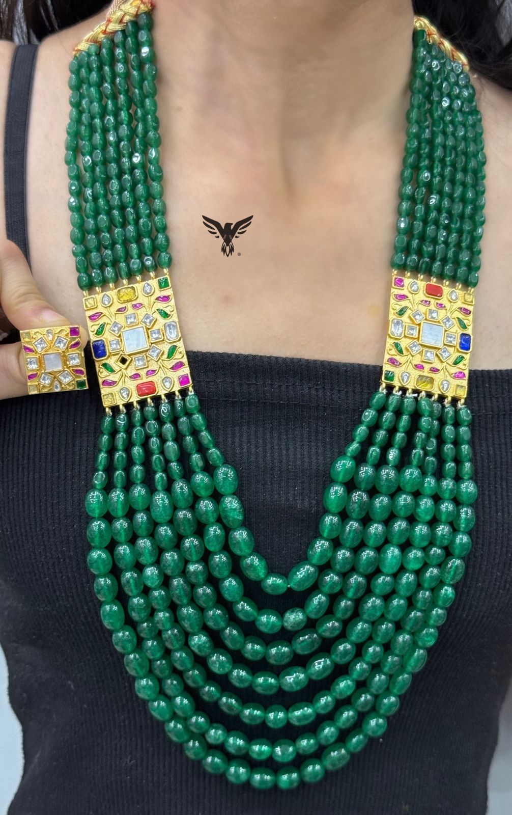 Akshara navratan kundan necklace with earrings in Emerald green natural beads for women in antique gold