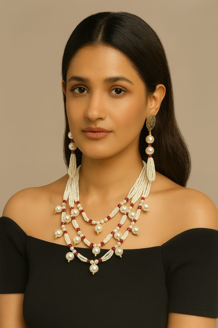 Three layered pearl mala with hanging pearl in Ruby for women