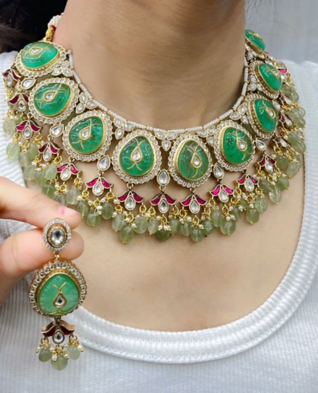 Mint Doublet Carved Stones Necklace for woman