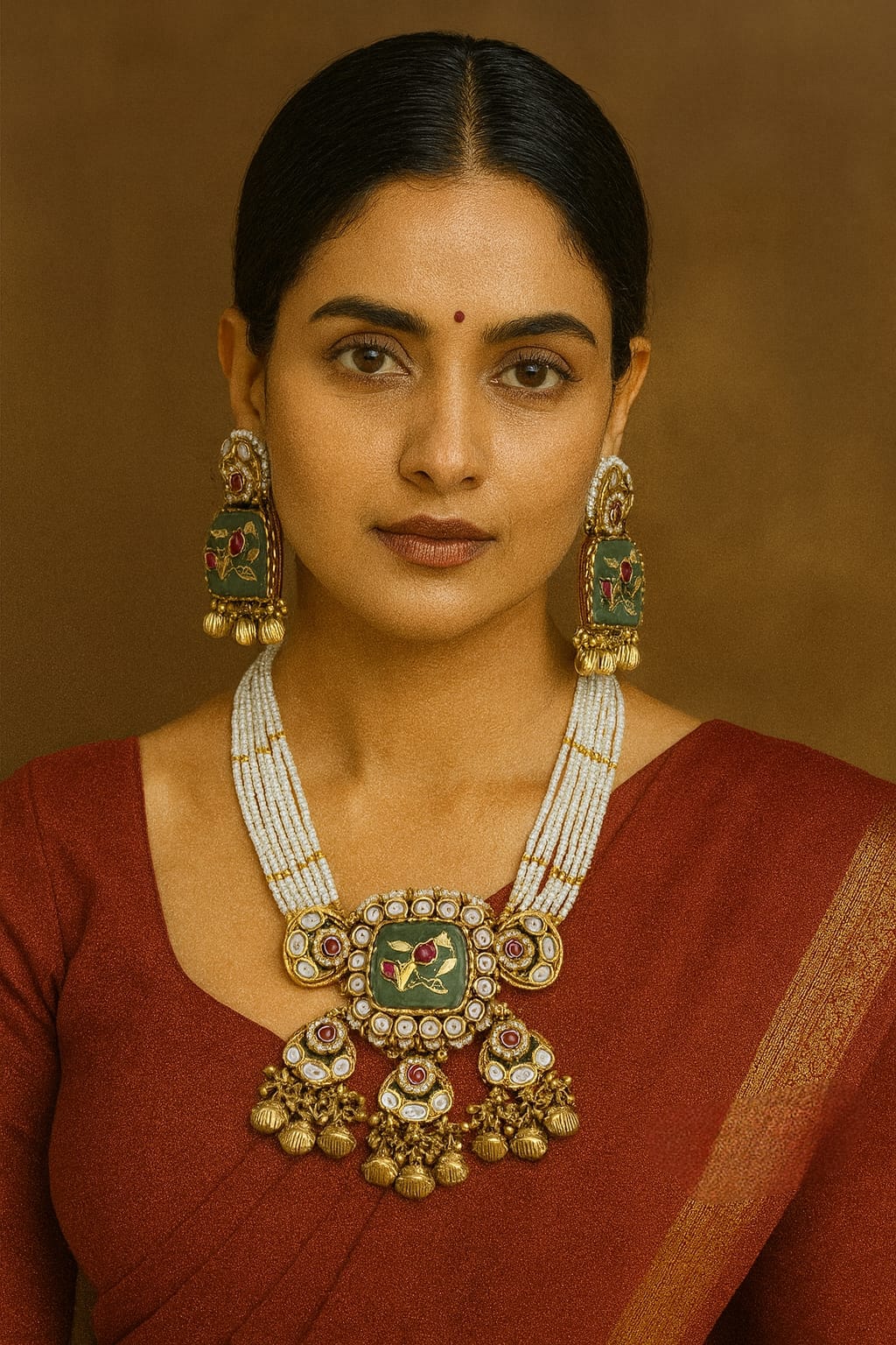 Rajwadi traditional style kundan Broad necklace with carving Paachi Stones in green for womens