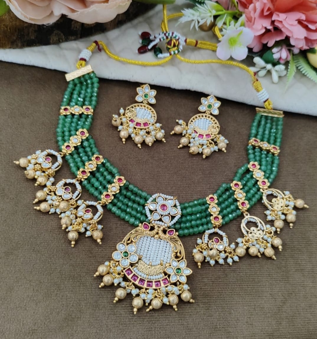 Amaira Rajwadi traditional style kundan Broad necklace beading in green for womens