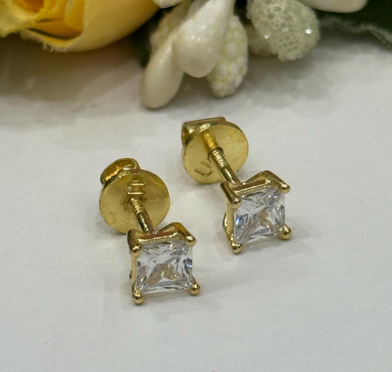Square Solitaire Gold Studs In cz with screw For Women