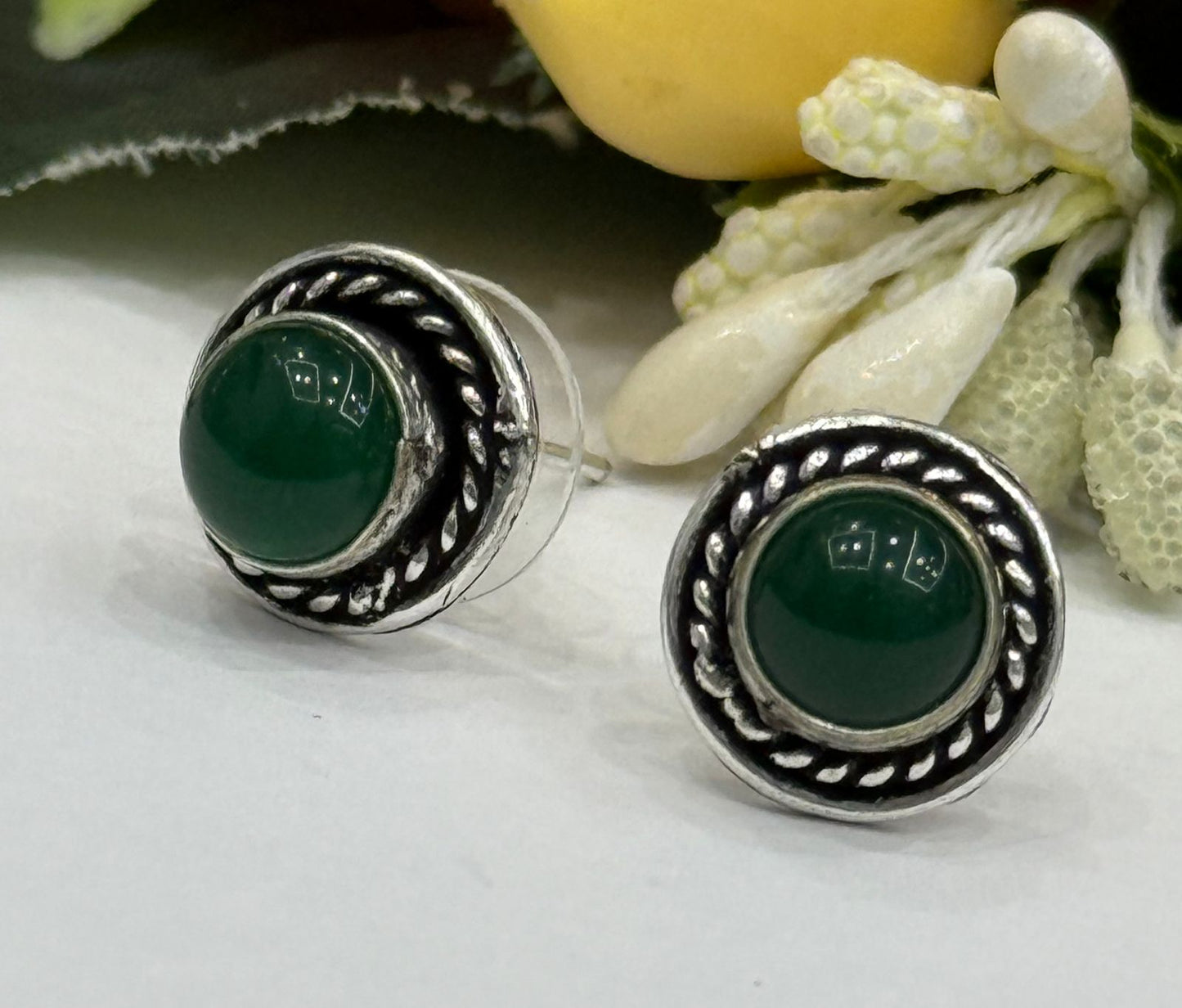 Cute Little long silver look alike studs in Green For Girls and women
