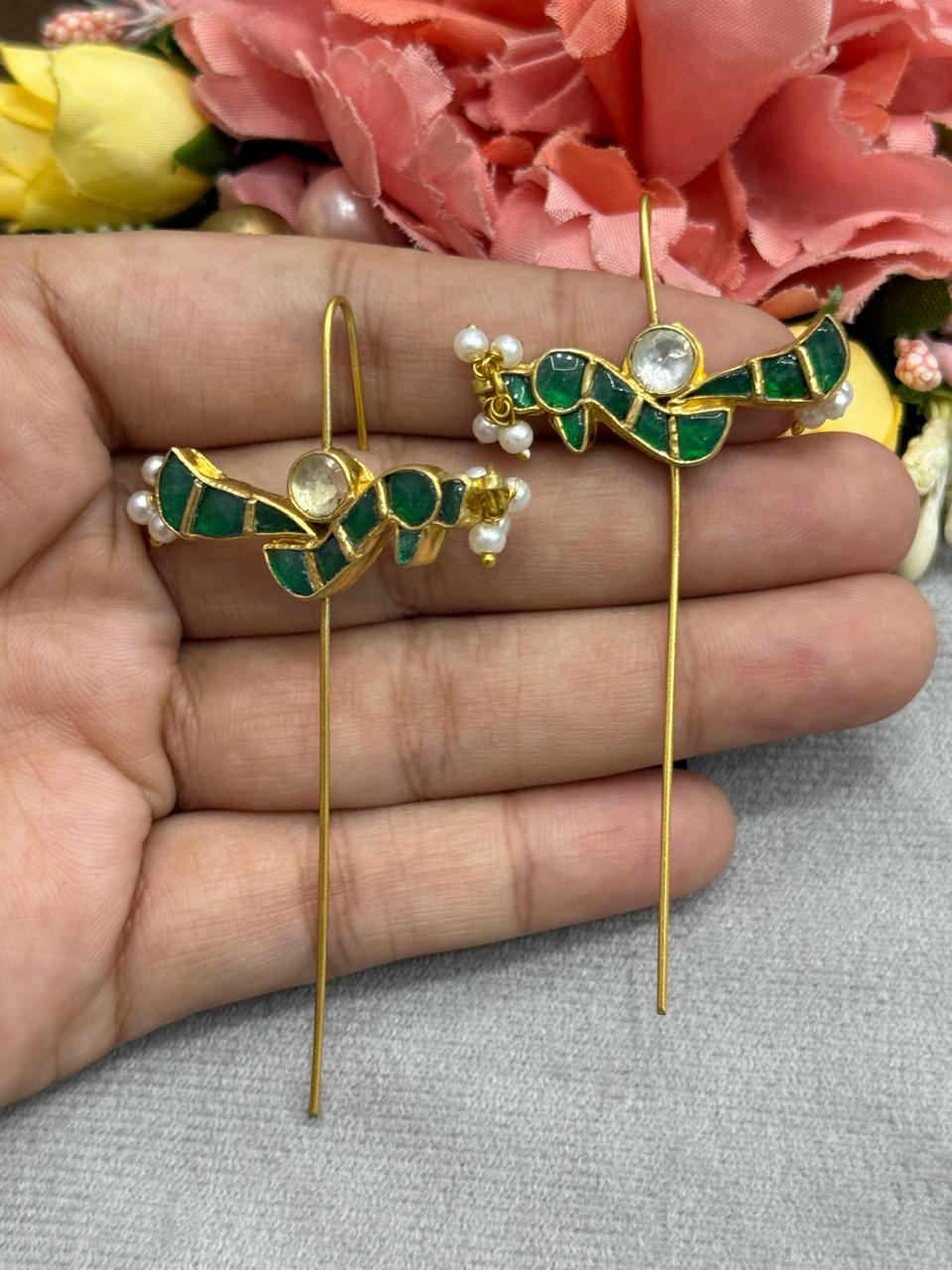 Bird designer earcuff in pachi kundan in Green for women