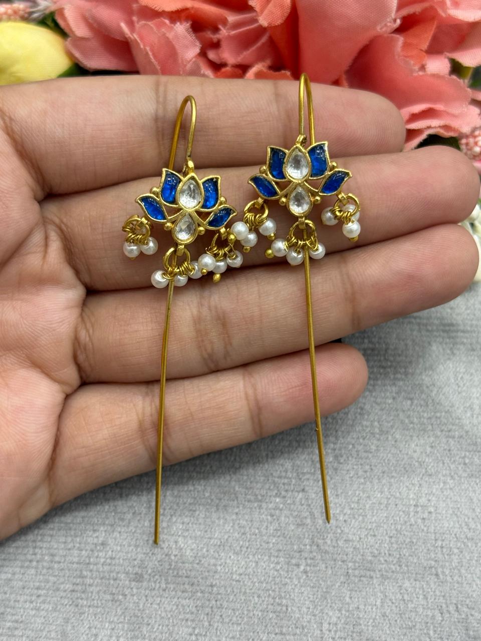 Lotus designer earcuff in pachi kundan in Blue for women
