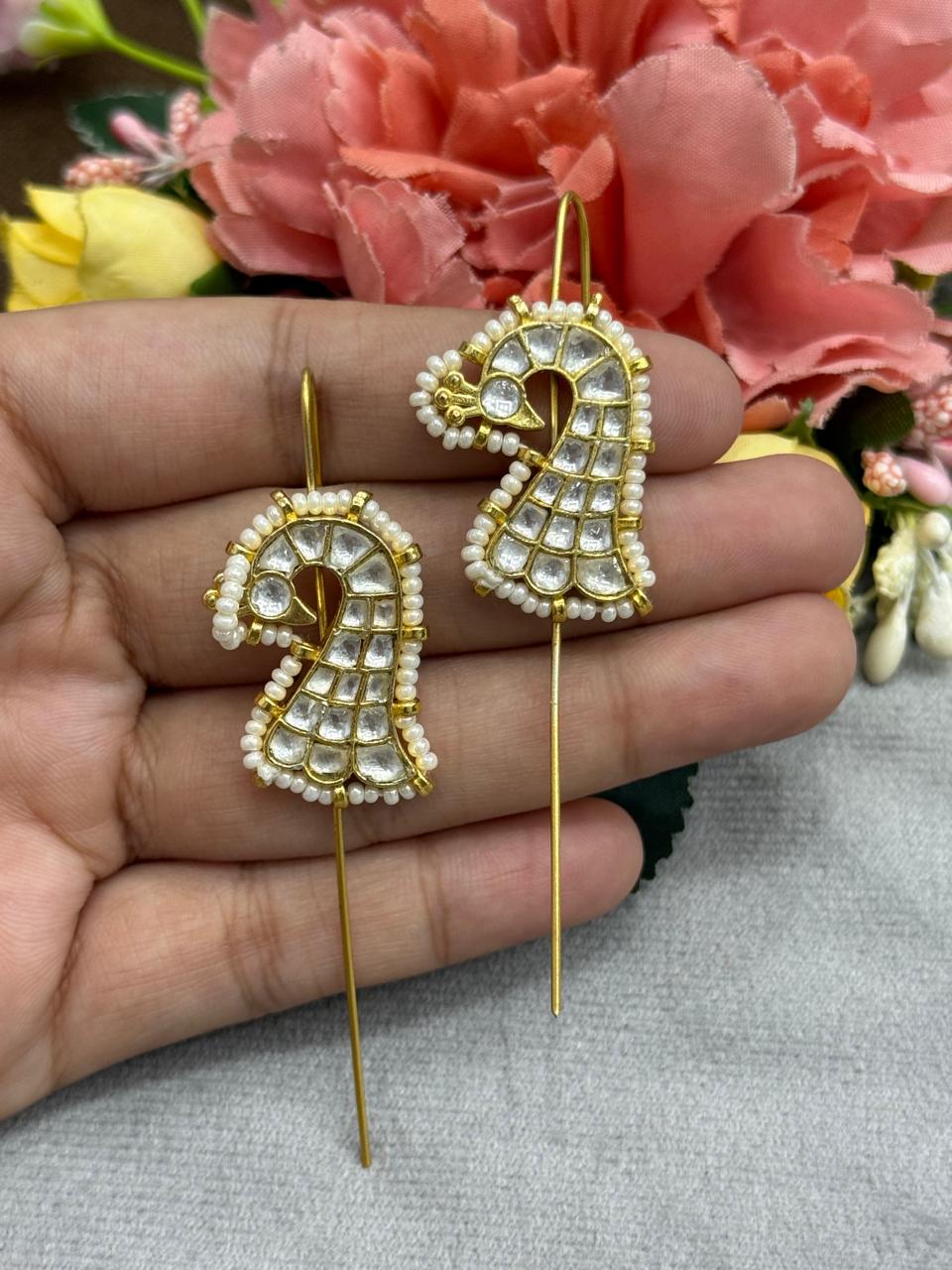 Peacock designer earcuff in pachi kundan in White for women