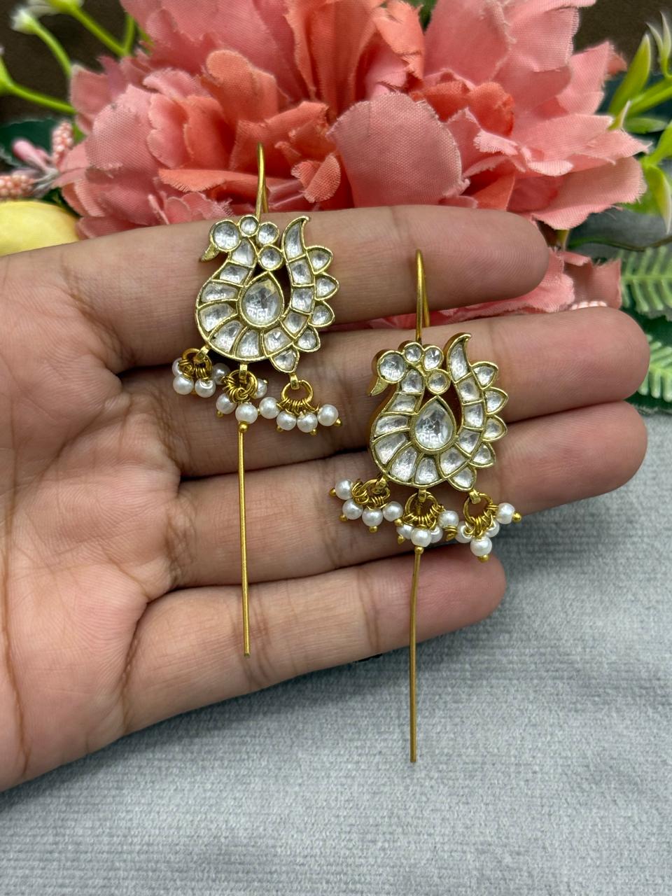 Peacock designer earcuff in pachi kundan in White for women