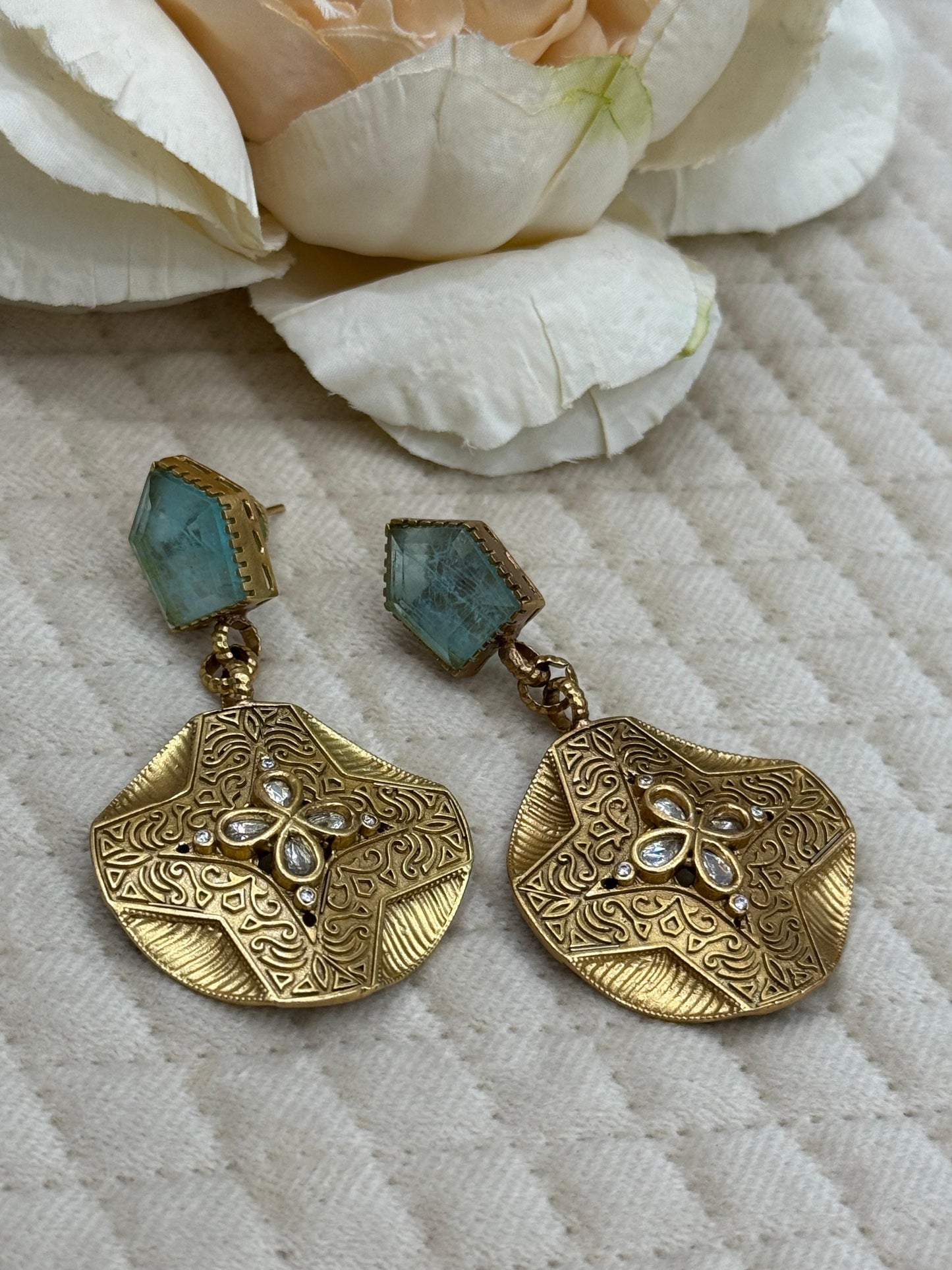 Kemp Stone Kundan Floral Earrings in Ocean Blue for women