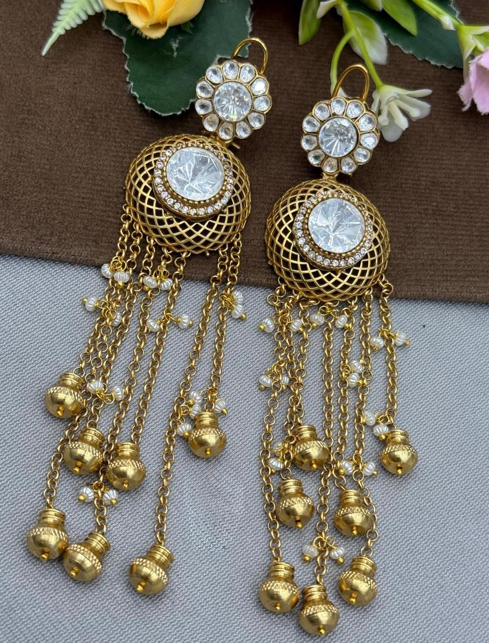 Mossanite With Ghungroo Chain Handmade Earrings