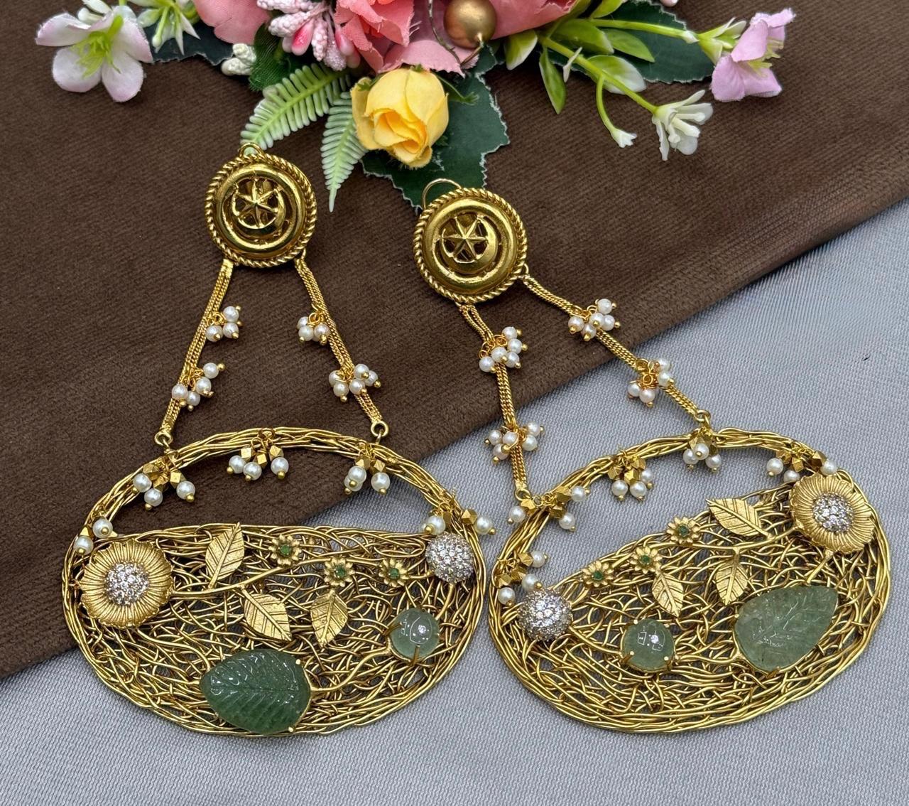 HANDMADE EARRINGS WITH CARVED STONE AND MOSSANITES FOR WOMEN