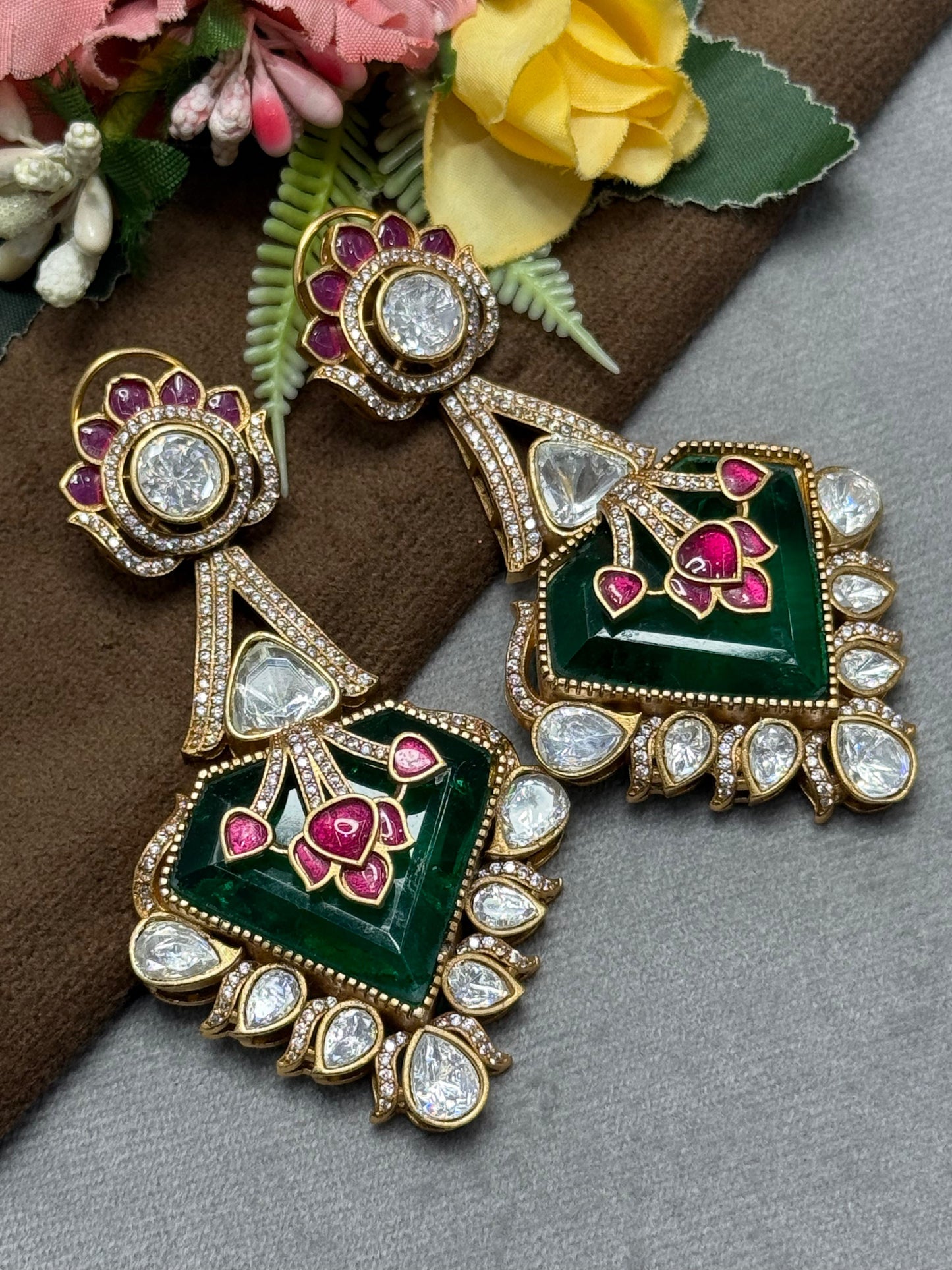 Carving Doublet Stone With Triangle Mossanite in Emerald Green earring