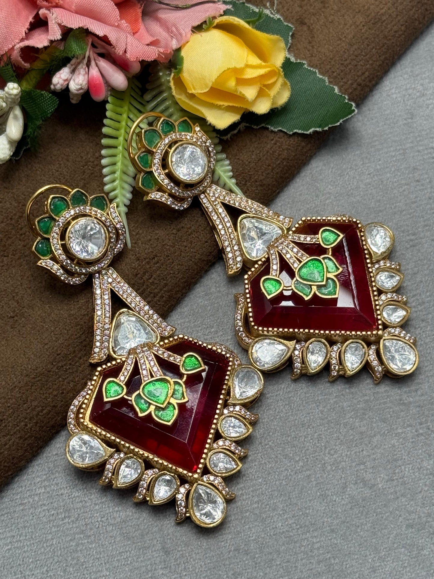 Carving Doublet Stone With Triangle Mossanite in Red earring