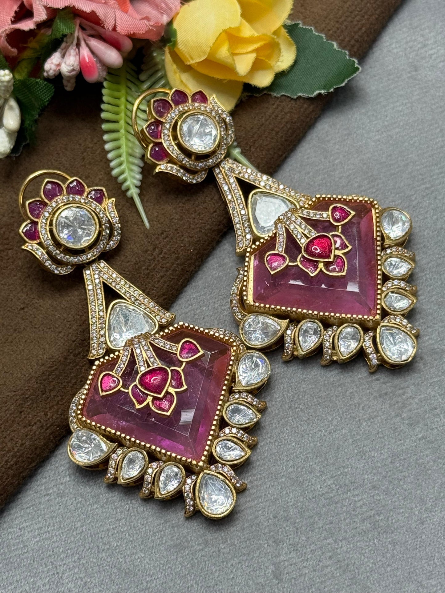 Carving Doublet Stone With Triangle Mossanite in Pink earring