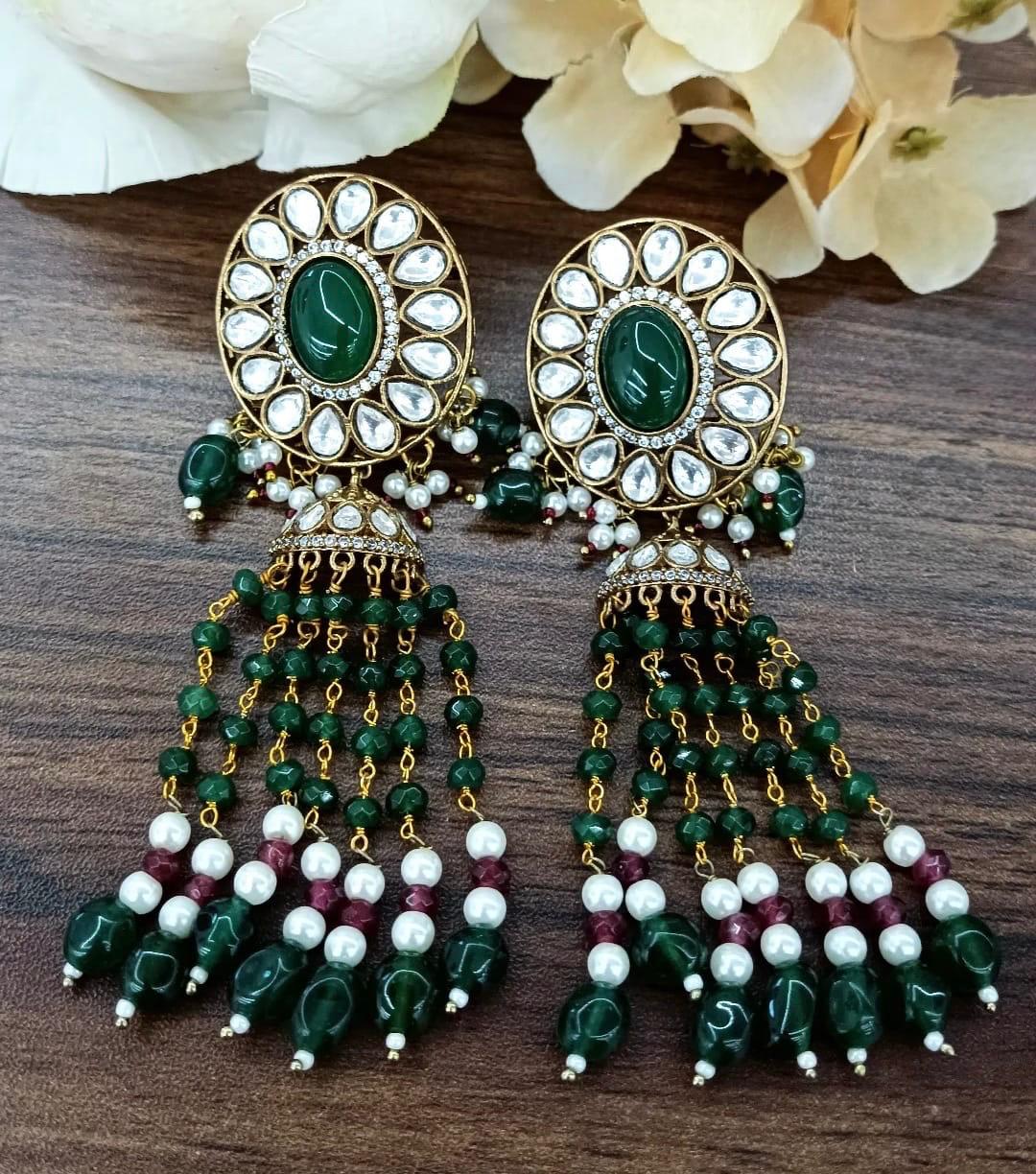 Long Beading Kundan Earring in green for woman
