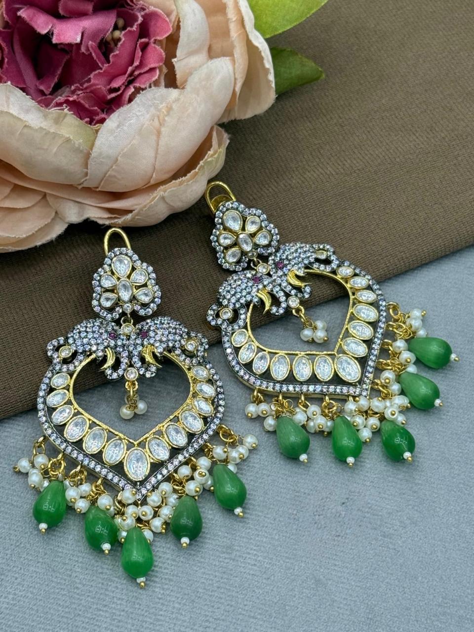 Beaded With Gold Polish Earring in green for woman