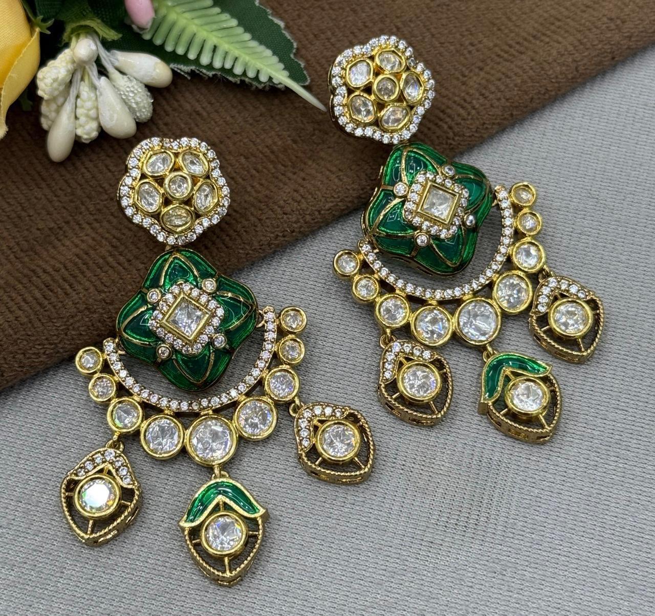 Enamelling With Mossanite Earring in green for woman