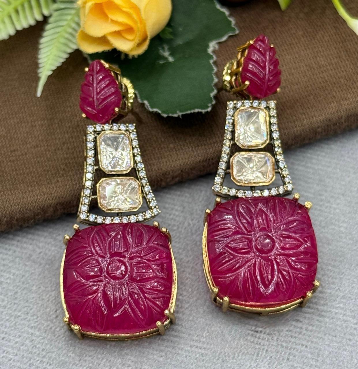 Carved Stone With Mossanite Earring in red for woman