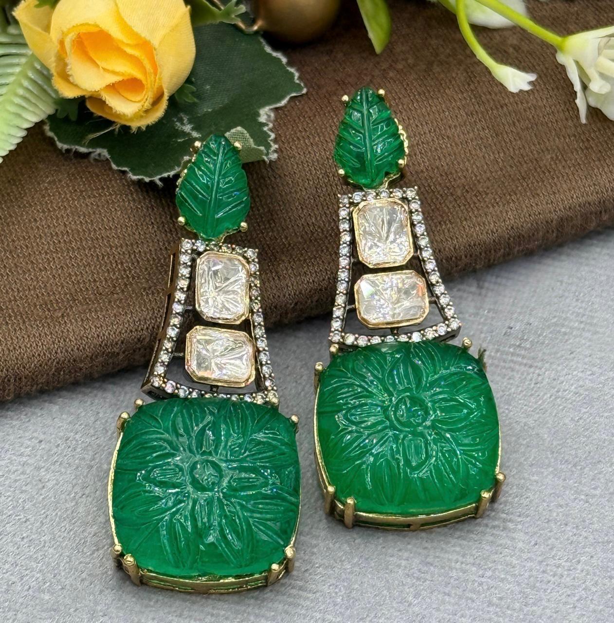 Carved Stone With Mossanite Earring in green for woman