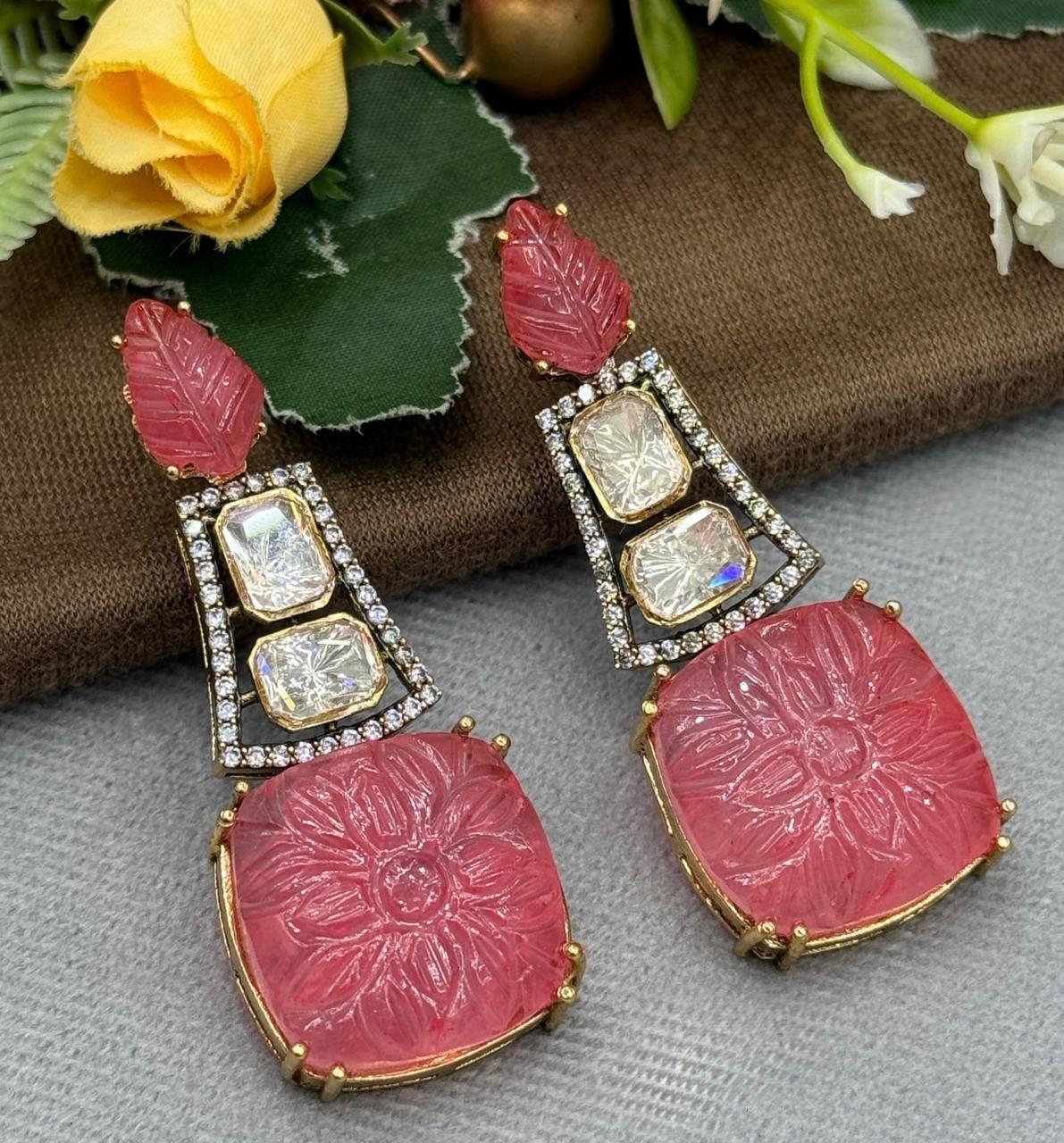 Carved Stone With Mossanite Earring in Peach for woman