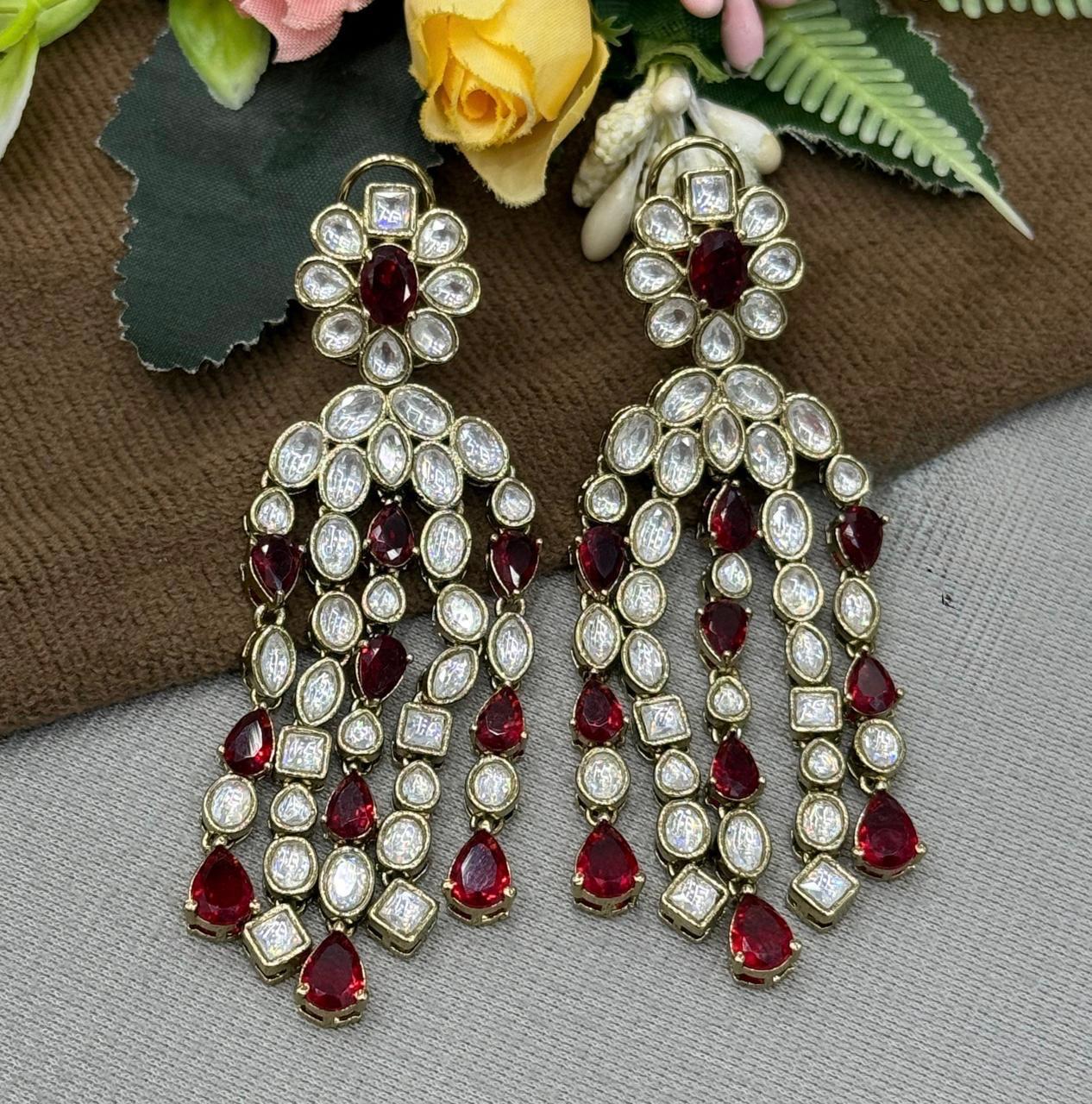 Three Layer Mossanite With Kemp Stones Earring in red for woman