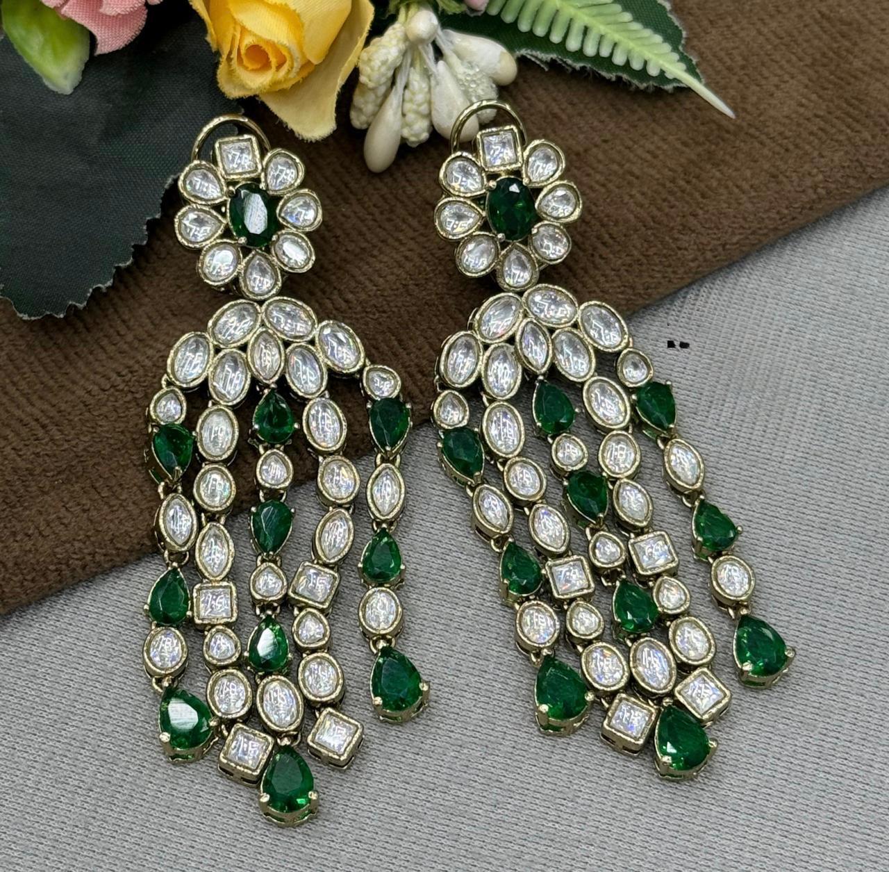 Three Layer Mossanite With Kemp Stones Earring in green for woman