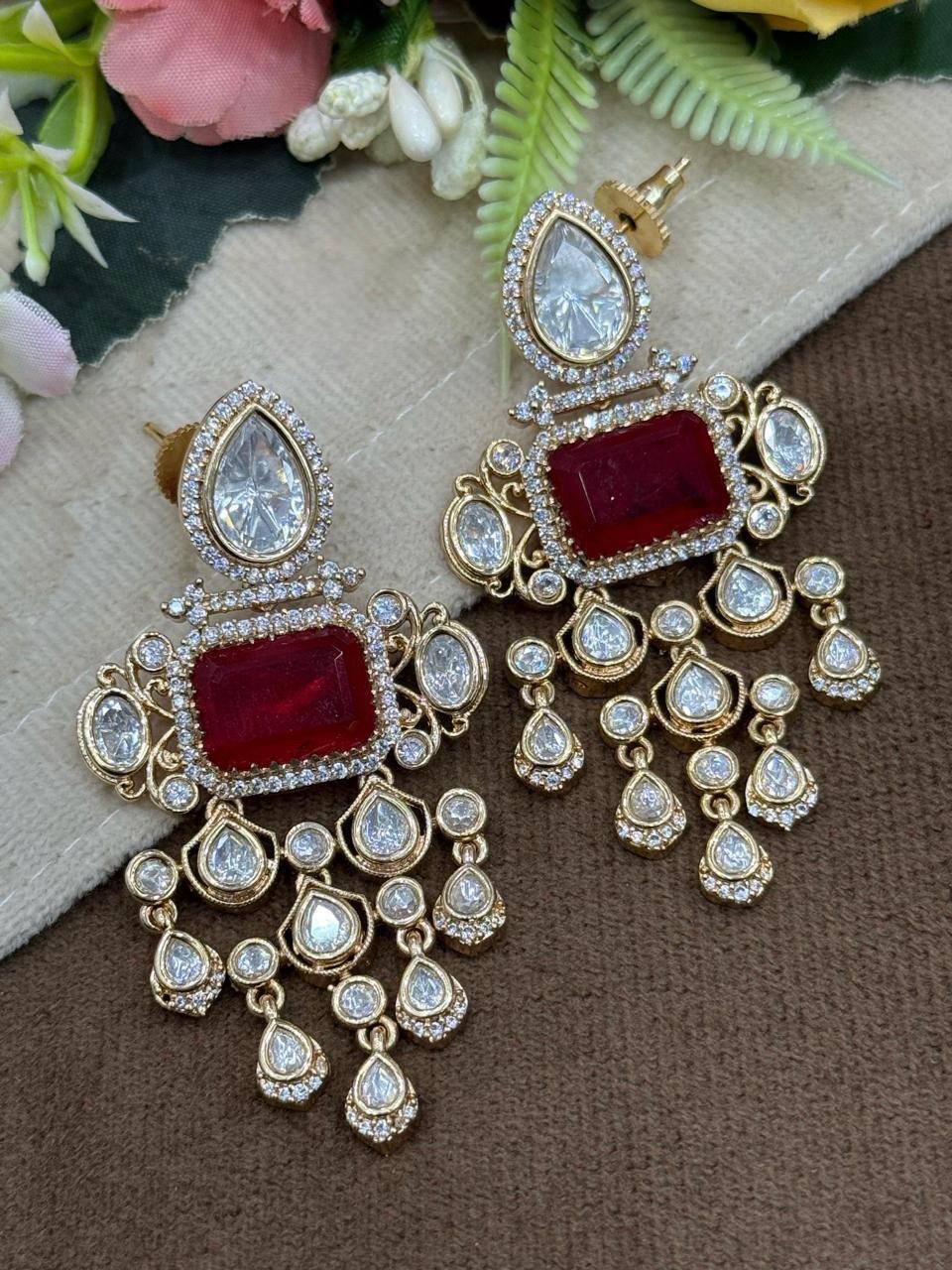 Mossanite Hnaging With Doublet Stone Earring in red for woman