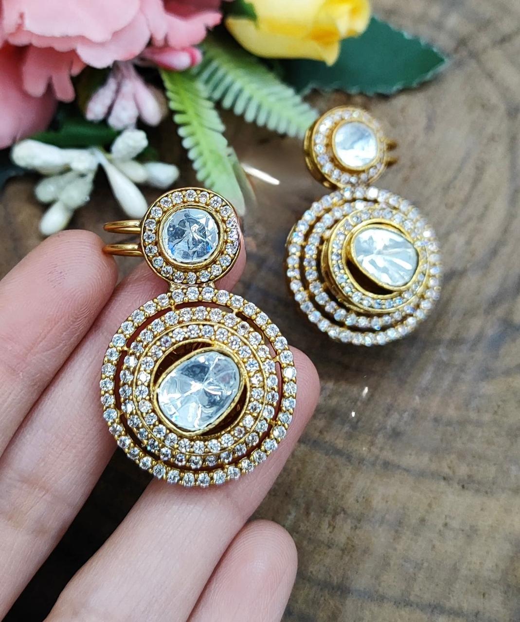 Polki With Side CZ Kundan Earrings in gold for woman