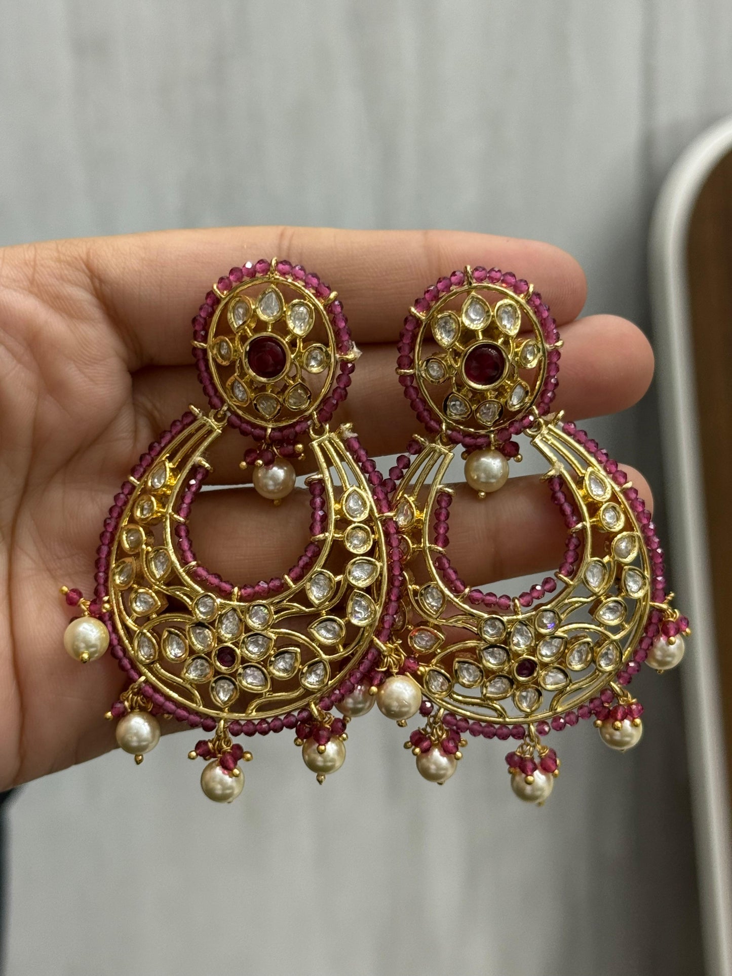 Kundan Earring With Semi Precious Beading in pink for woman