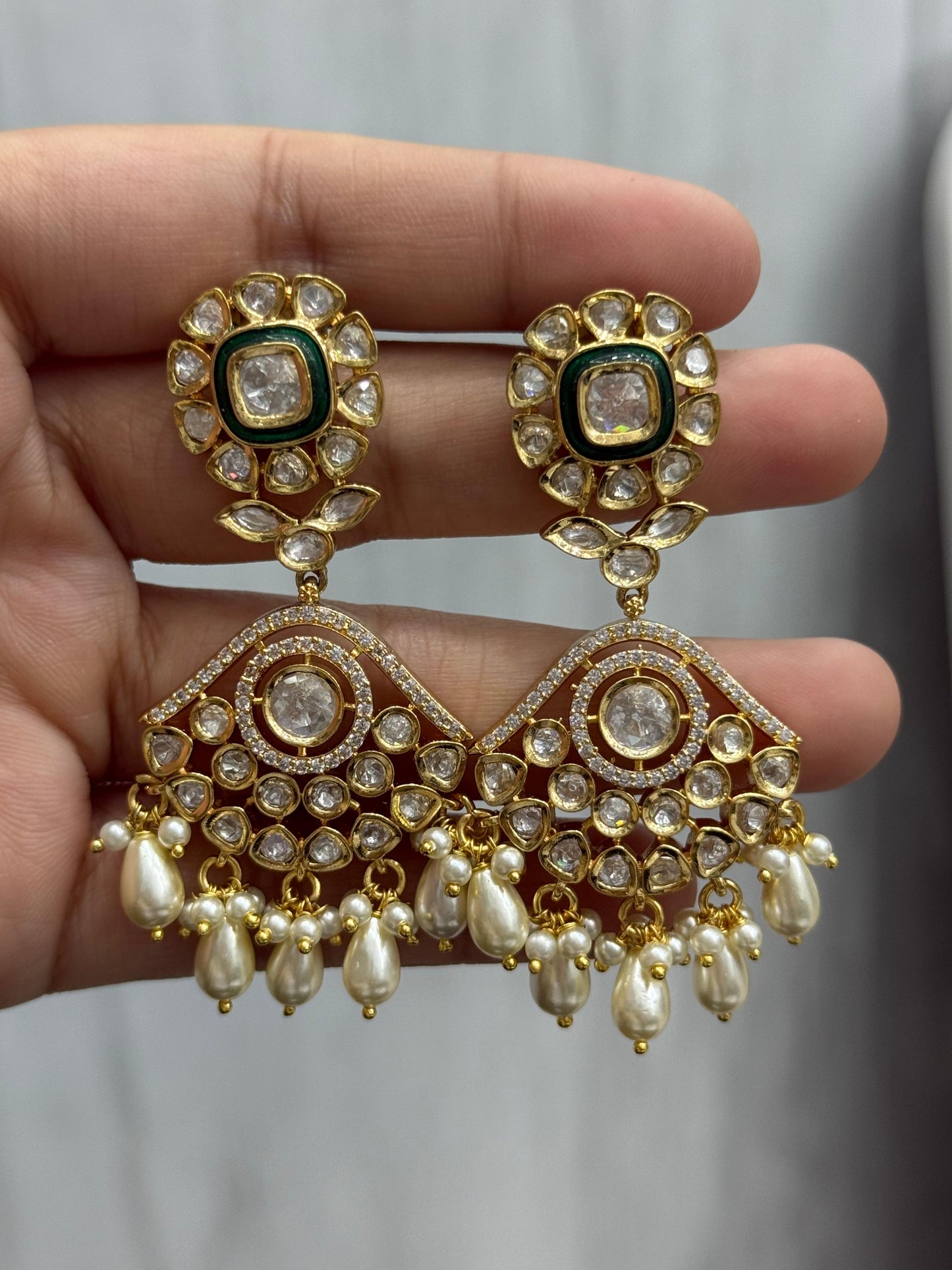 Pearl Hanging Kundan Earring in green for woman