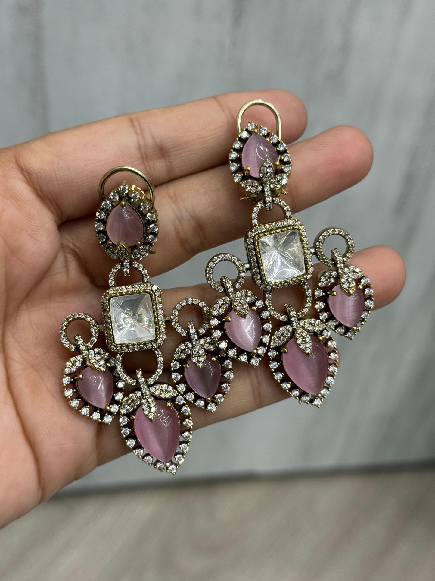 Carved Stones With Mossanite Earring in pink for woman