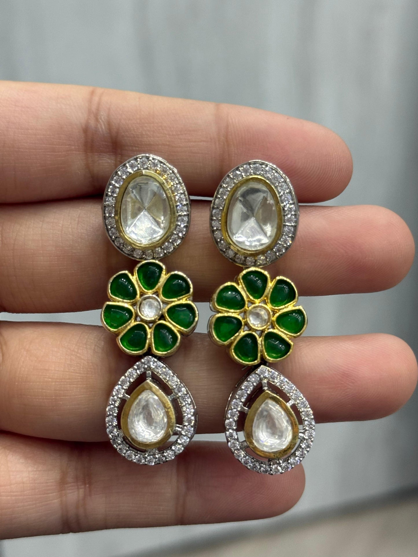 Polki With Side CZ Kundan Earrings in green for woman