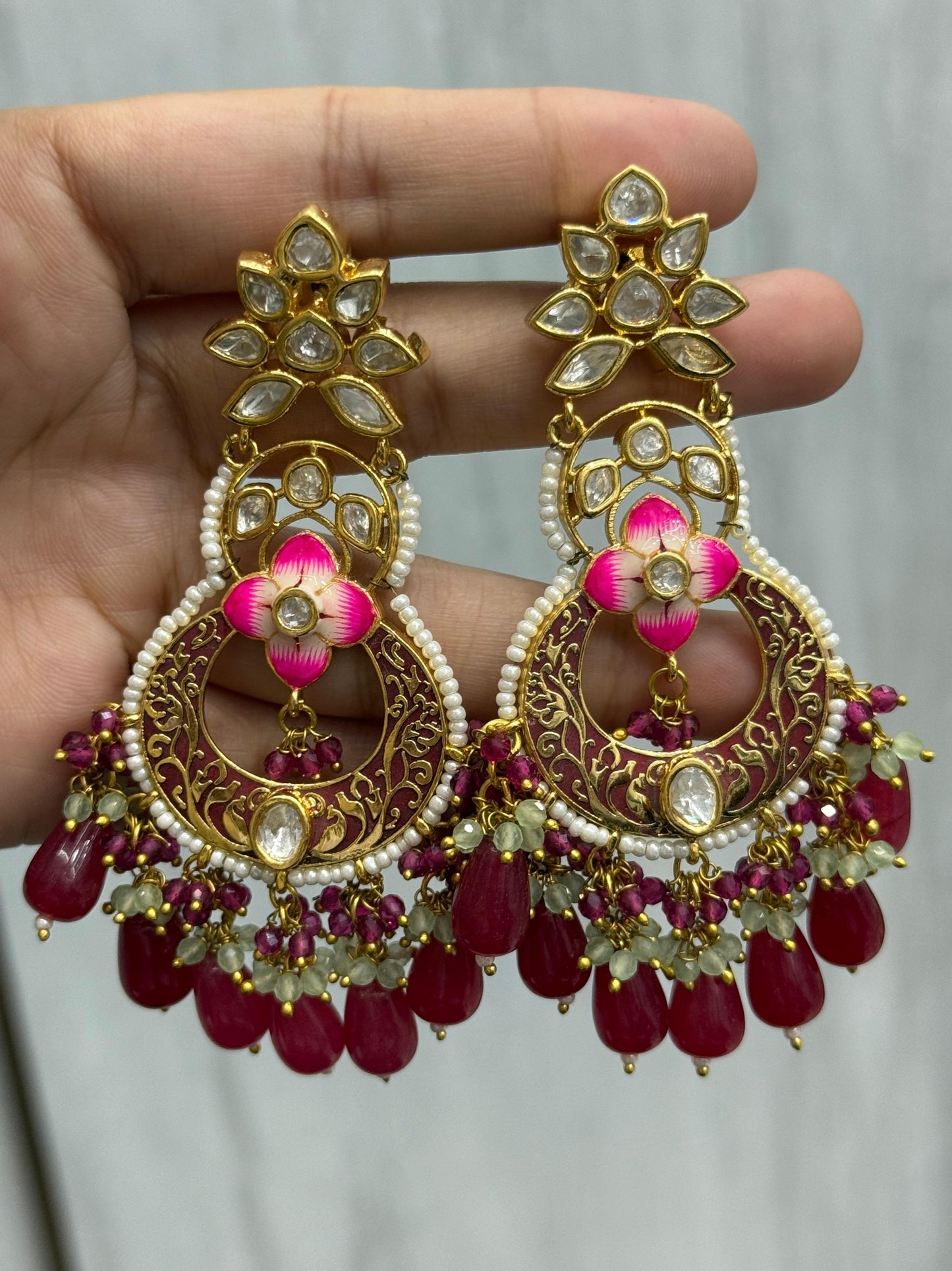 Meenakri Enamelling With Polki Earring in red for woman