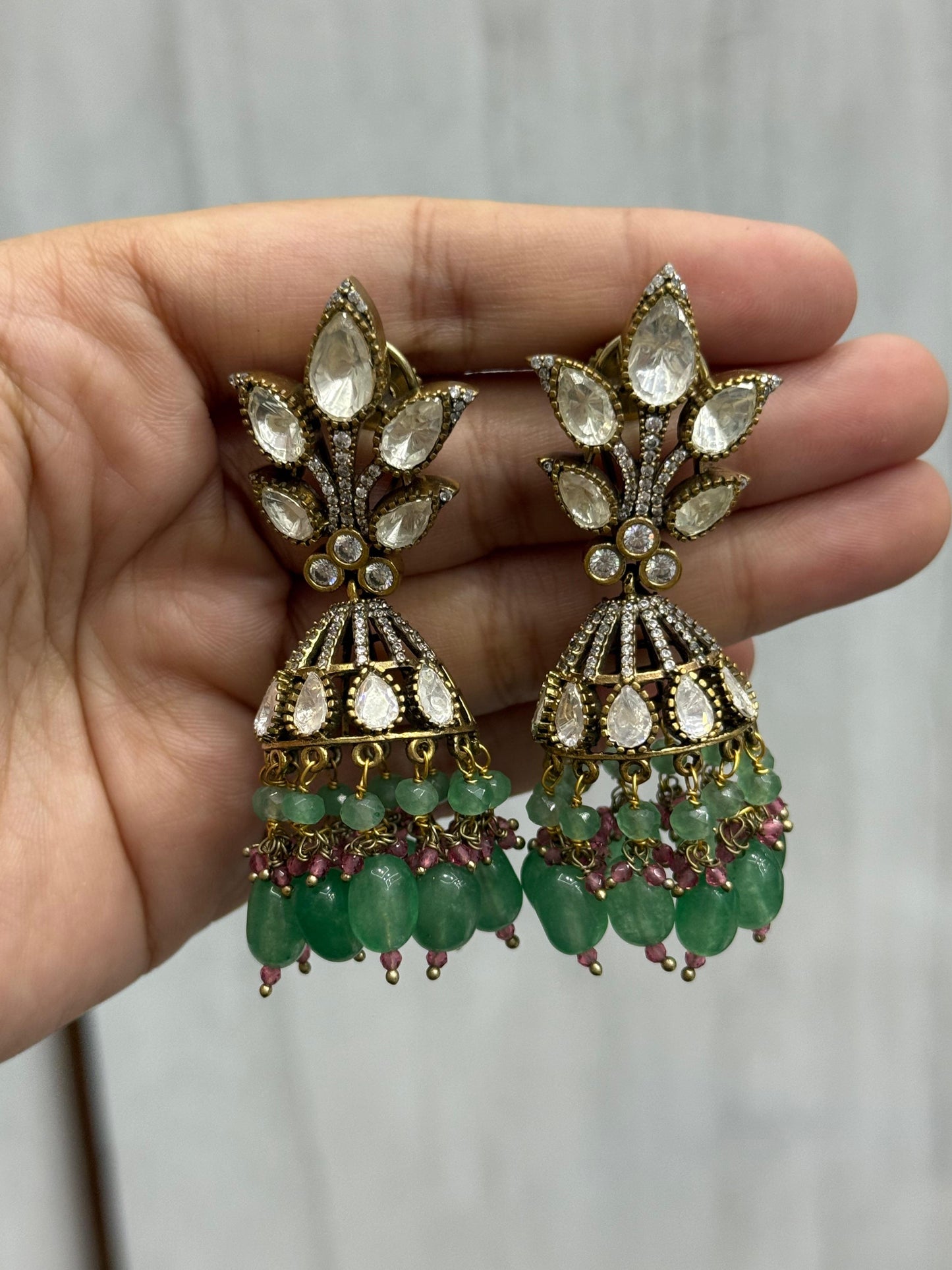 Jhumka With Mossanite And Beading in green for woman