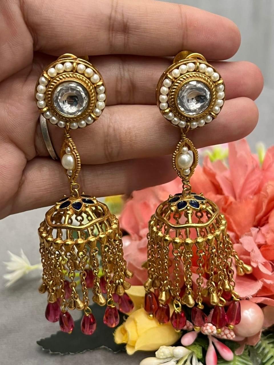 Polki With Hanging Beads Long Jhumka for woman