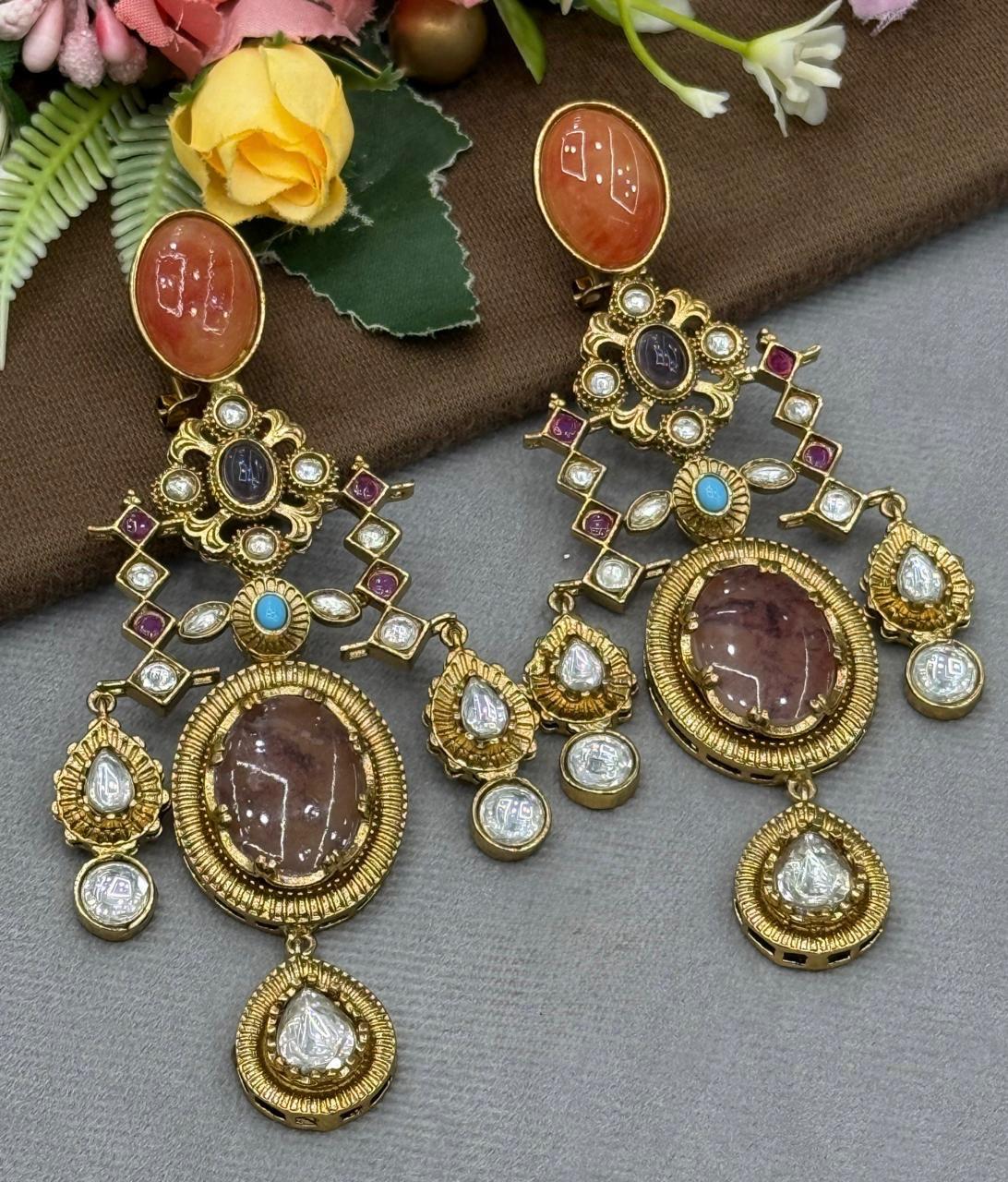 Natural Stones With Kundan Mossanite Earring for woman