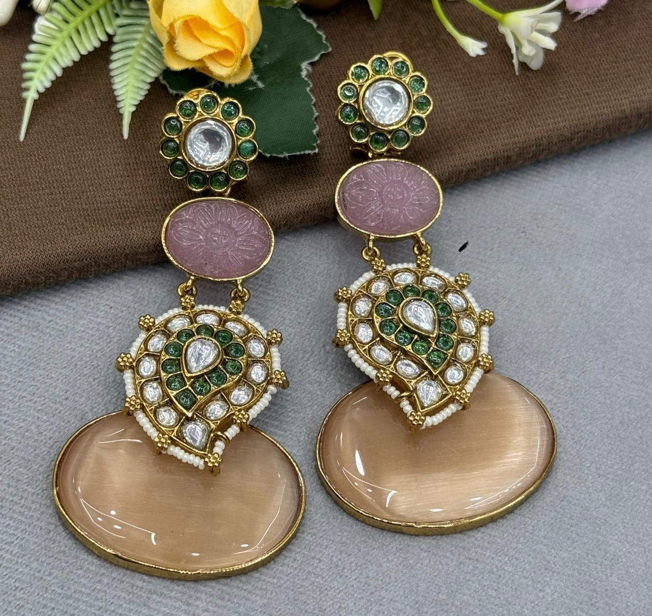 Carved Stone With Kundan Earring for woman