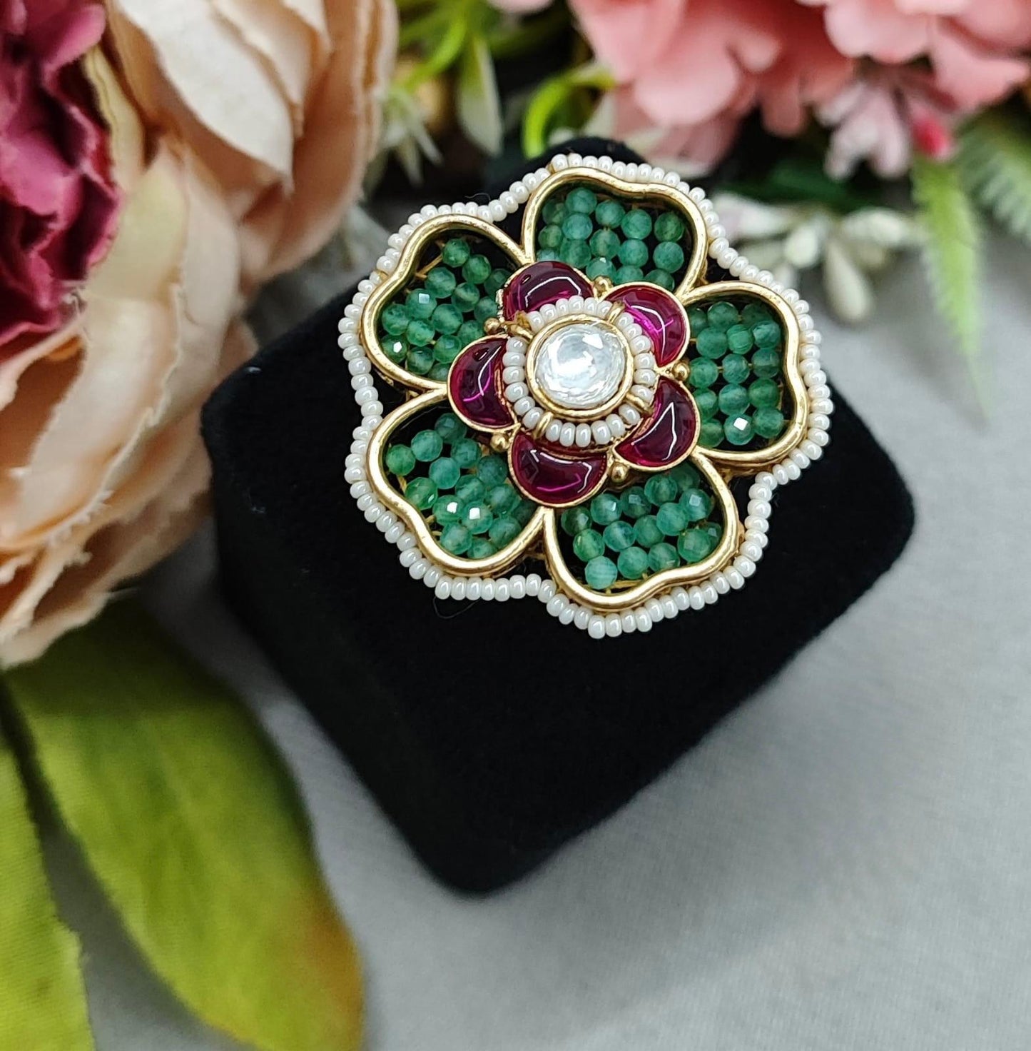 Beading With Kundan Floral Heritage Ring for woman