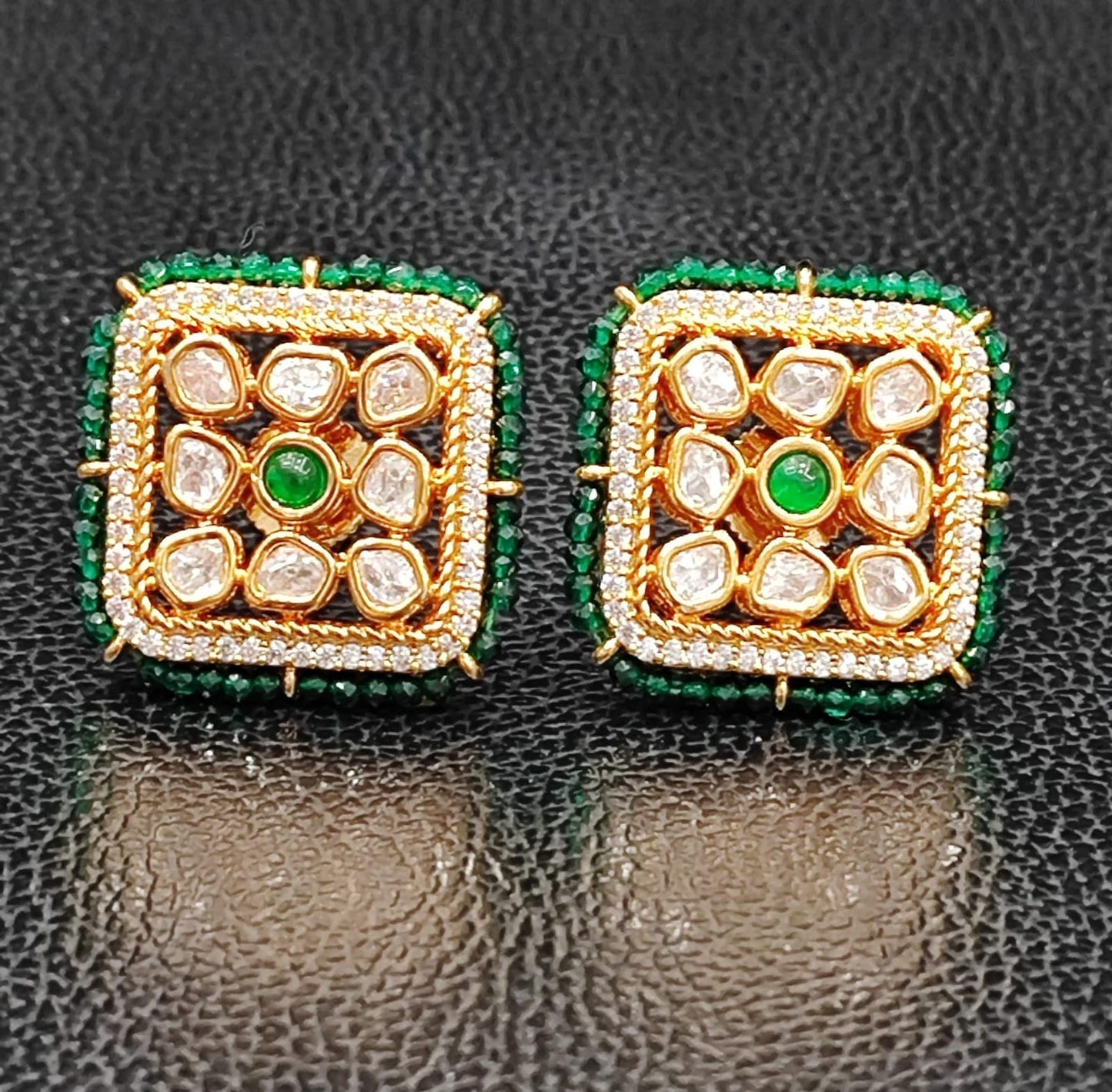 Square Mossanite With Beading Studs in green for woman