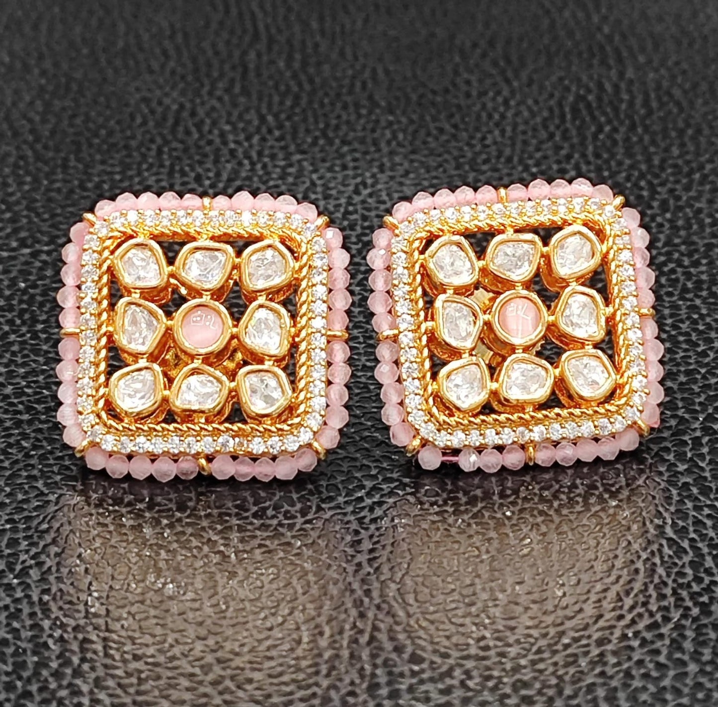 Square Mossanite With Beading Studs in pink for woman