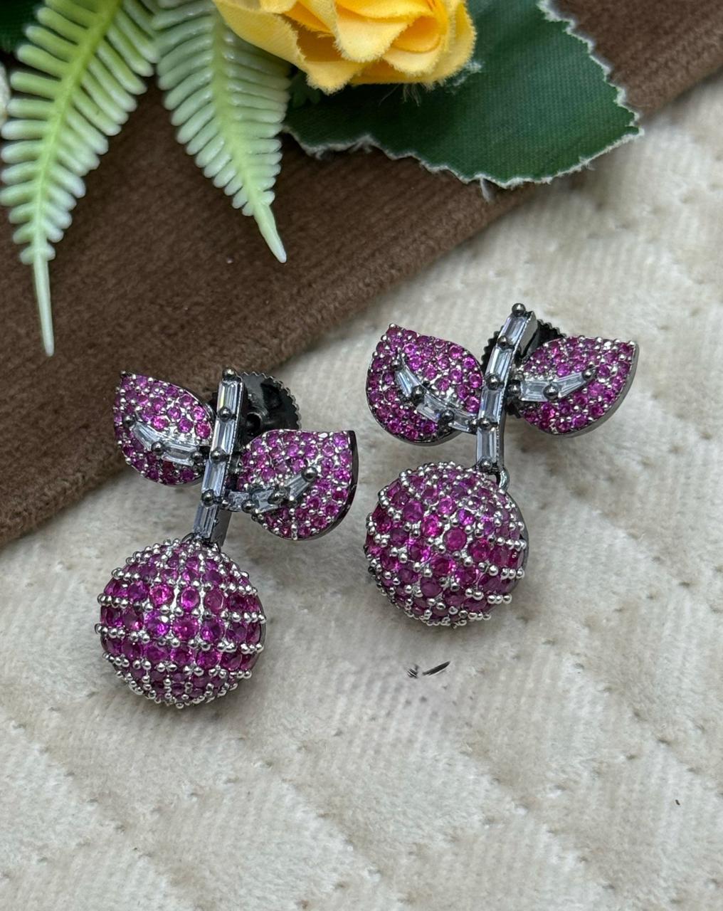 Cherry With Leaf In Invisible Setting Earring for woman