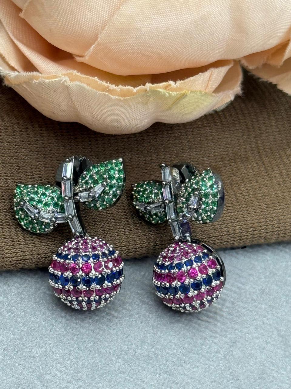 Cherry With Leaf In Invisible Setting Earring for woman