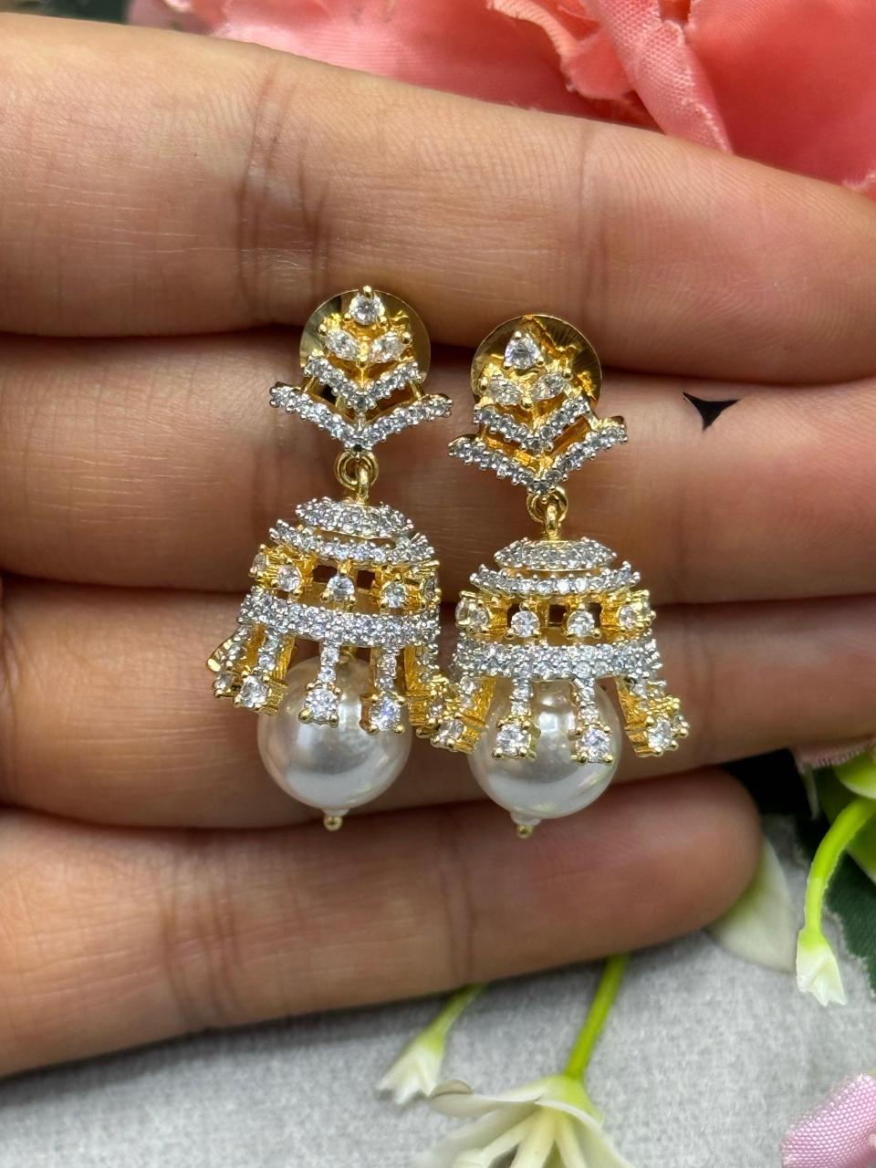 Golden Polish With CZ And Pearl Jhumki for woman