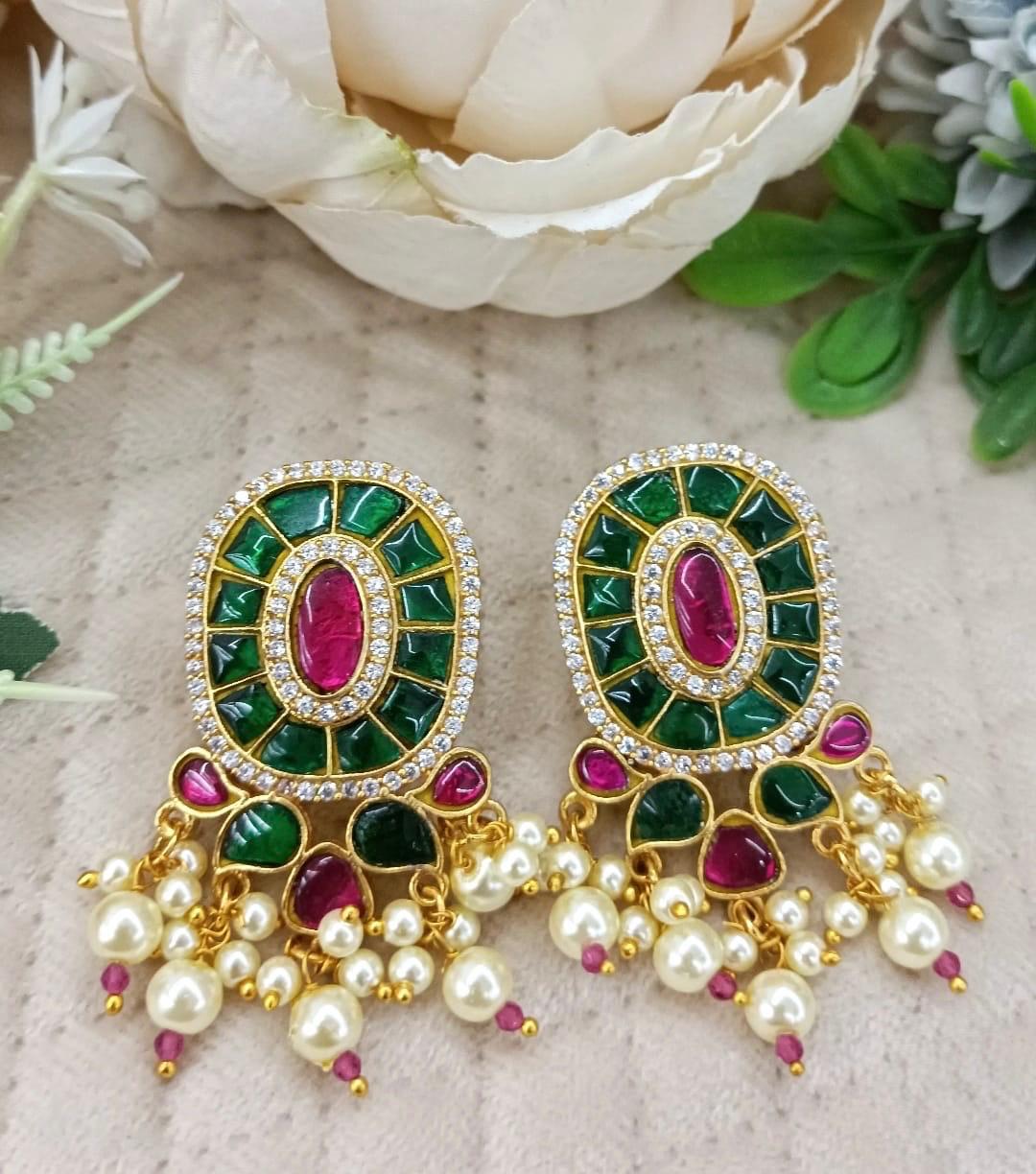 Ruby Green Gold Plated Jadau Earrings