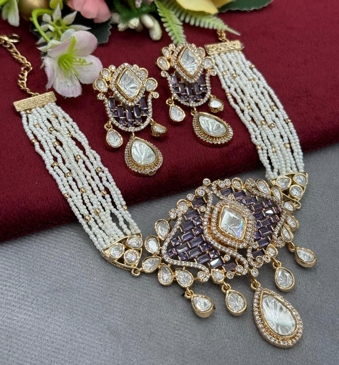 Lavender Polki Gold Plated Choker